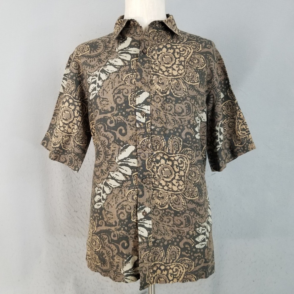 Caribbean Button Down Shirt Mens Medium Brown Batik Linen Short Sleeve Floral
